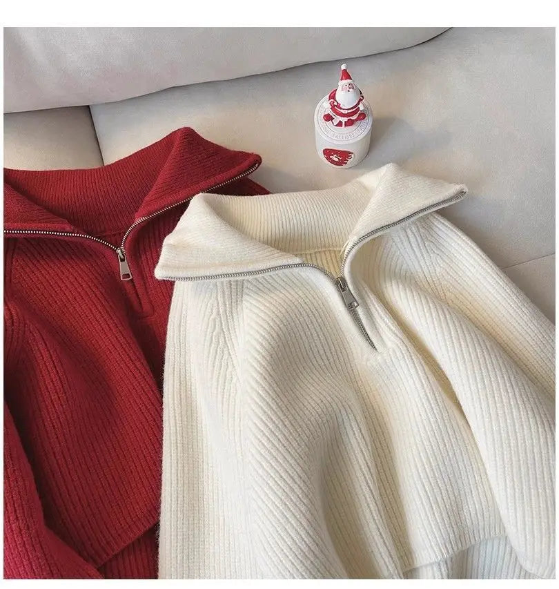 2024 Autumn New Korean Style Versatile Basics Half-zipper Loose Lapel Winter Long-sleeved Lazy Sweater Pullover Top