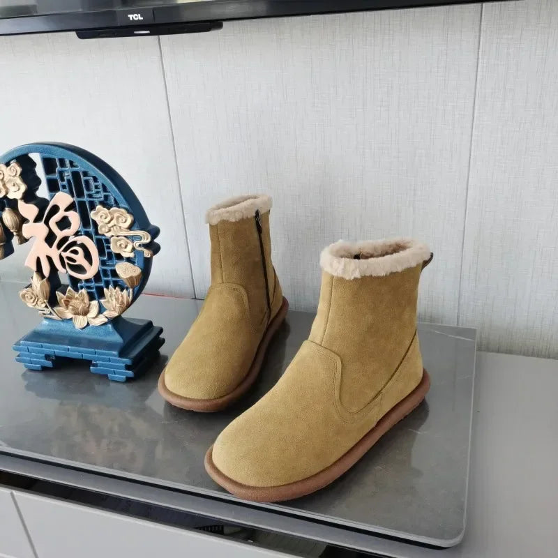 Careaymade-Genuine cow leather Snow cotton round head flats woolen short boots plush warm snow boots Oversized shoes size 35-43