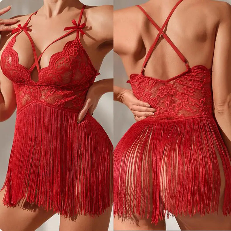 Sexy Women Night Dress Sleeveless Backless Porno Pajamas Floral Lace Erotic Nightwears+Thongs Sexy Short Transparent Dresses