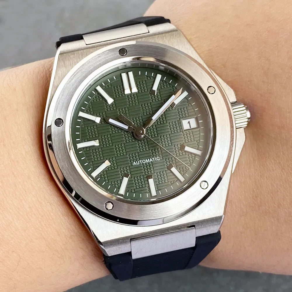 Tandorio NH35 Men Automatic Mechanical Watch Sapphire Crystal Glass 100m Waterproof Green Lume Black Square Block Dial Men Watch