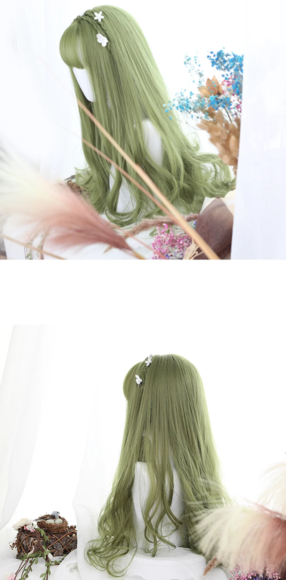 XIYUE Green Long Straight Synthetic Wigs for Women Natural Wave Wigs with Bangs Heat Resistant Cosplay Hair Halloween
