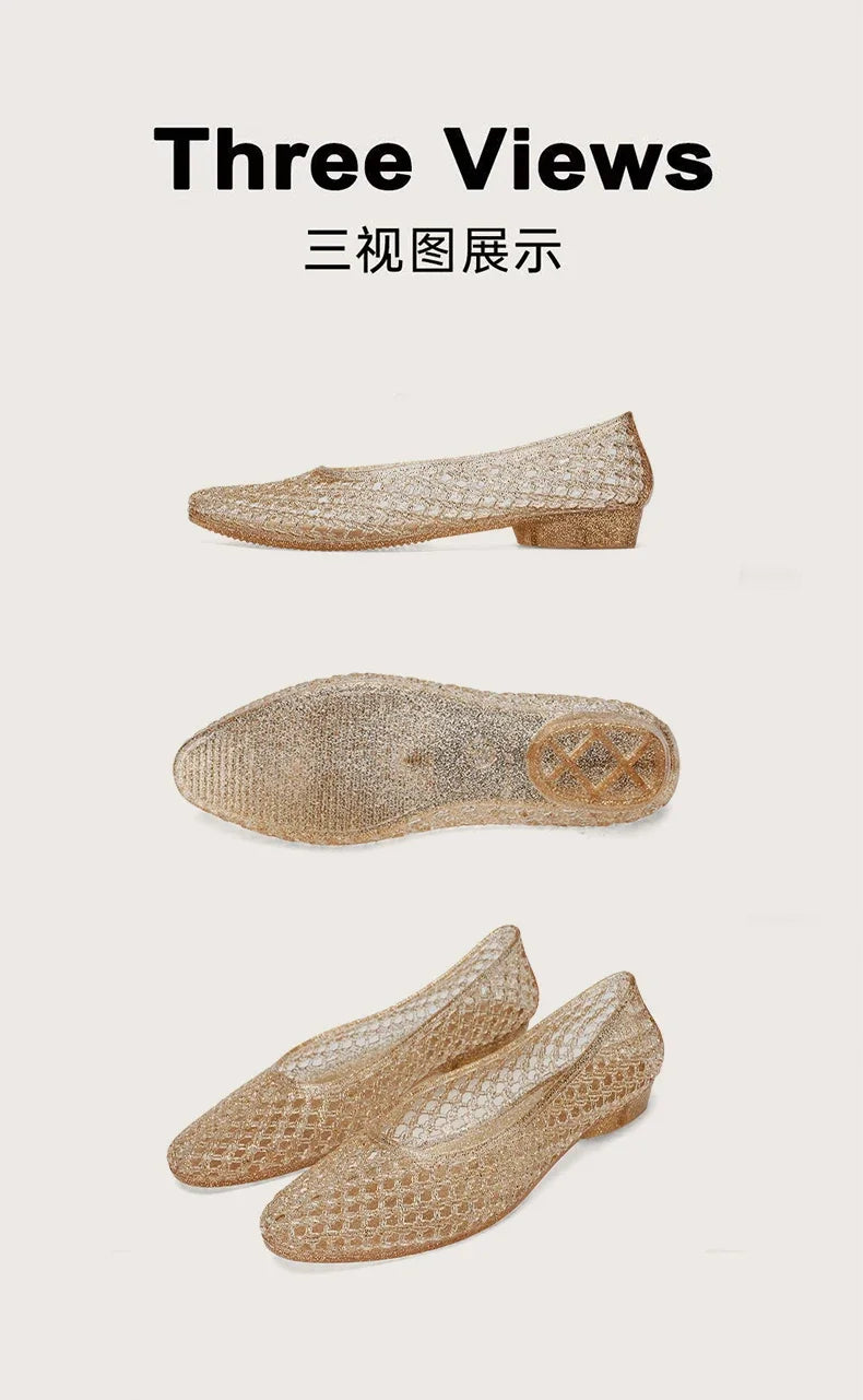 Summer Flat Sandals Women Hollow Out Crystal Plastic Jelly Shoes Mesh Outdoor Sandals