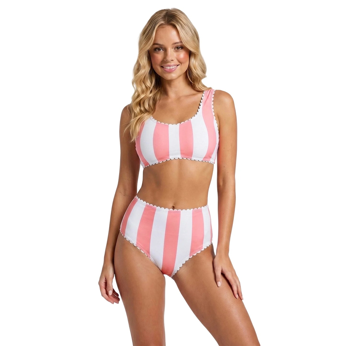 Women Push Up Bikini Contrast Striped/Plaid Scallop Trim Tops and Thongs Swimwear Summer Casual Bathing Suits for Beach Pool