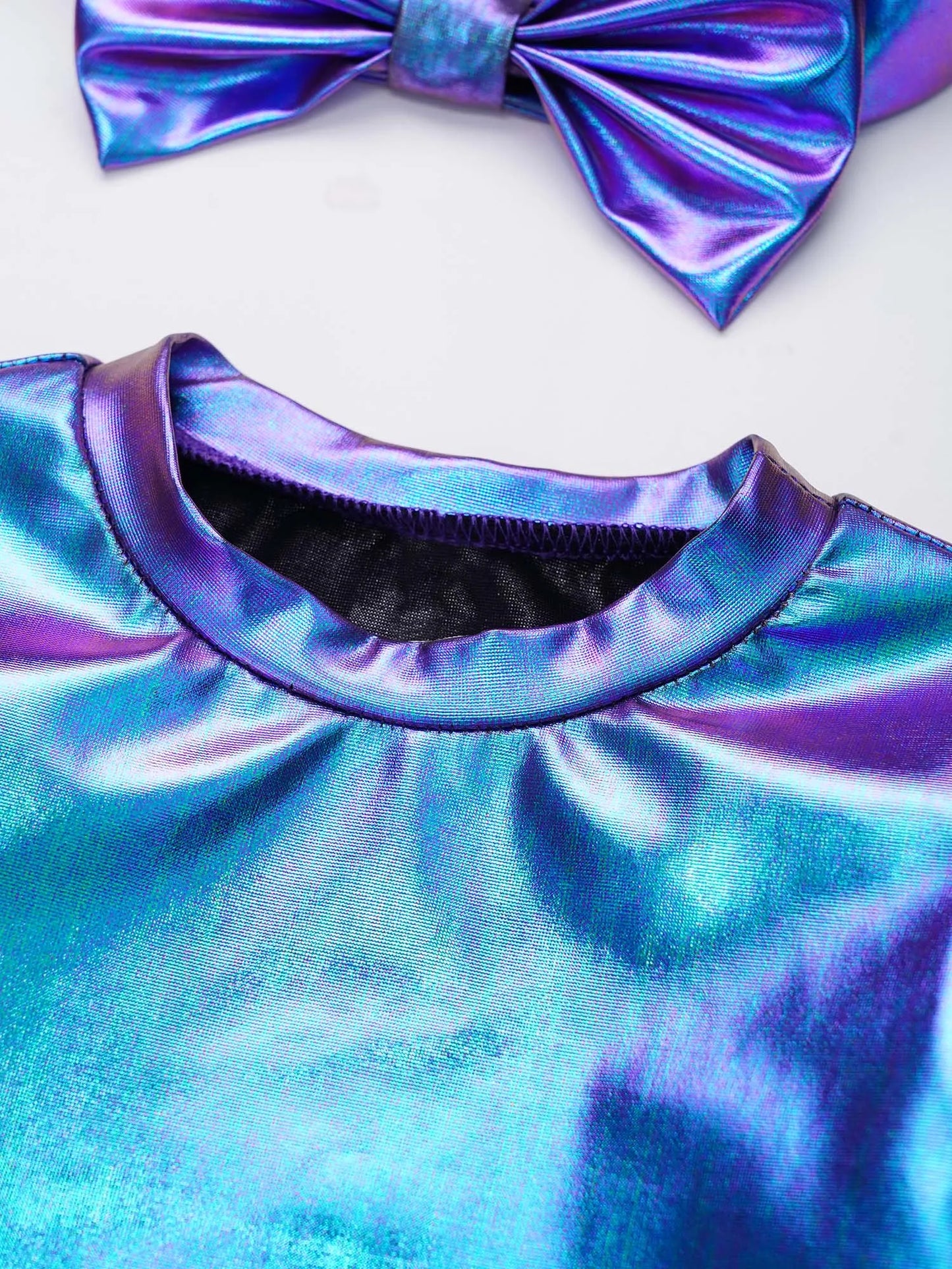 Baby Girls Long Sleeve Metallic Shiny Buttons Crotch Romper with Bow Headband Birthday Theme Party Photography Outfit Daily Wear