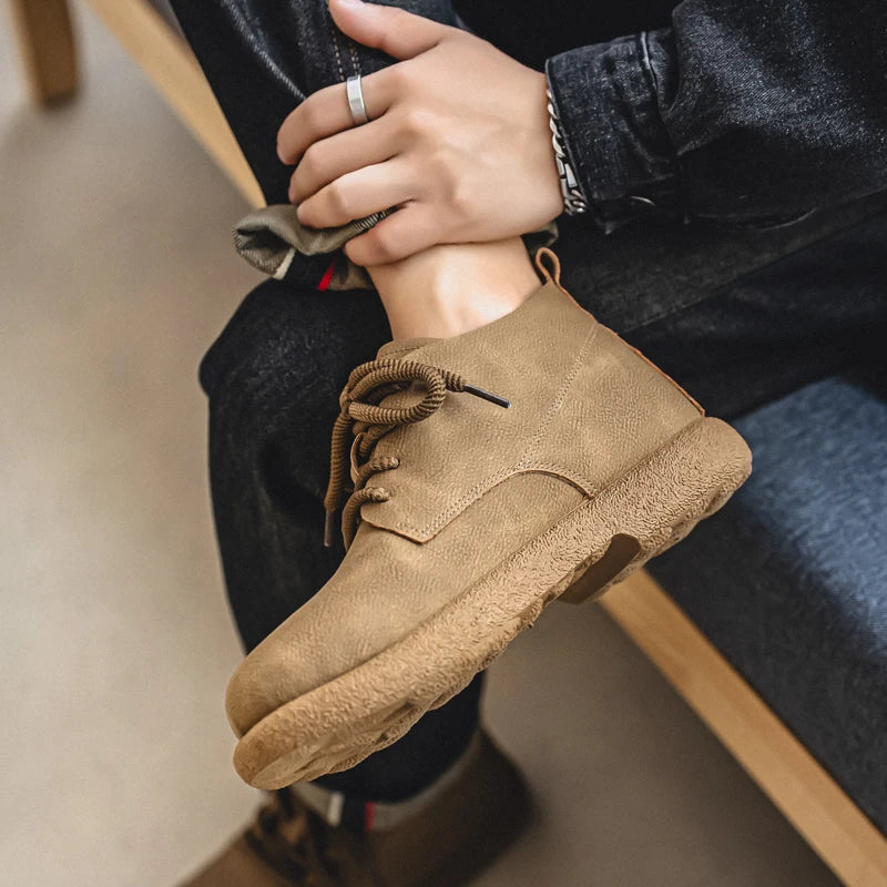 Outdoor Leather Men Casual Shoes British Style High Quality Ankle Boots High Top Man Work Boots Comfortable Walking Sneakers
