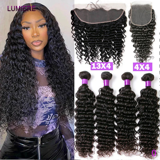 32" Deep Wave 100% Human Hair Bundle With Closure Fontal HD Transparent Curly 3 Bundles Human Hair Weavings And Closure Vietname