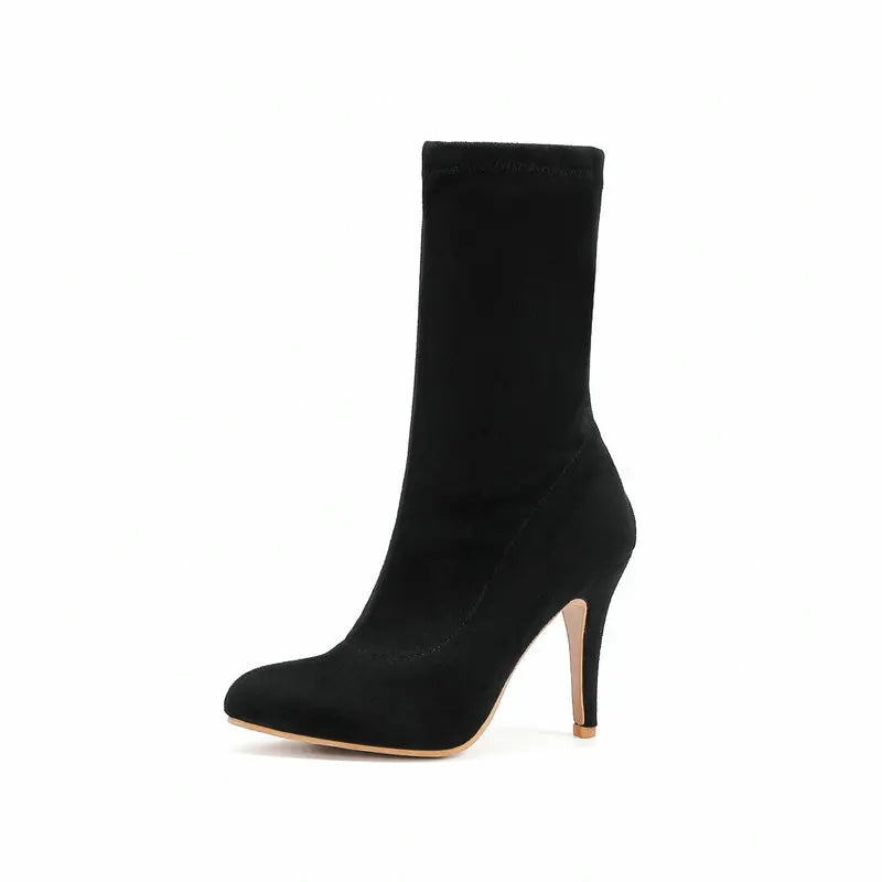 2023 Autumn Winter Sock Short Boots Lady Mid-Calf Thin High Heels Large Size 46 Fashion Women Shoes Elastic Flock Pointed Boots