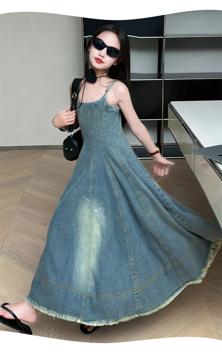 Kids Luxury Clothing Summer Denim Dress with Straps for Teenage Girls High Fashion Streetwear Outfit Children Casual Jeans Dress