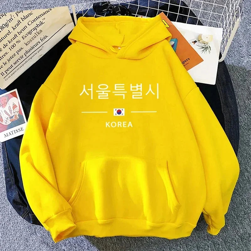 Seoul Korea Print Hoodie Woman High Quality Hoode Long Sleeve Pullover Fall Winter Female Daily Casual Sport Loose Sweatshirt