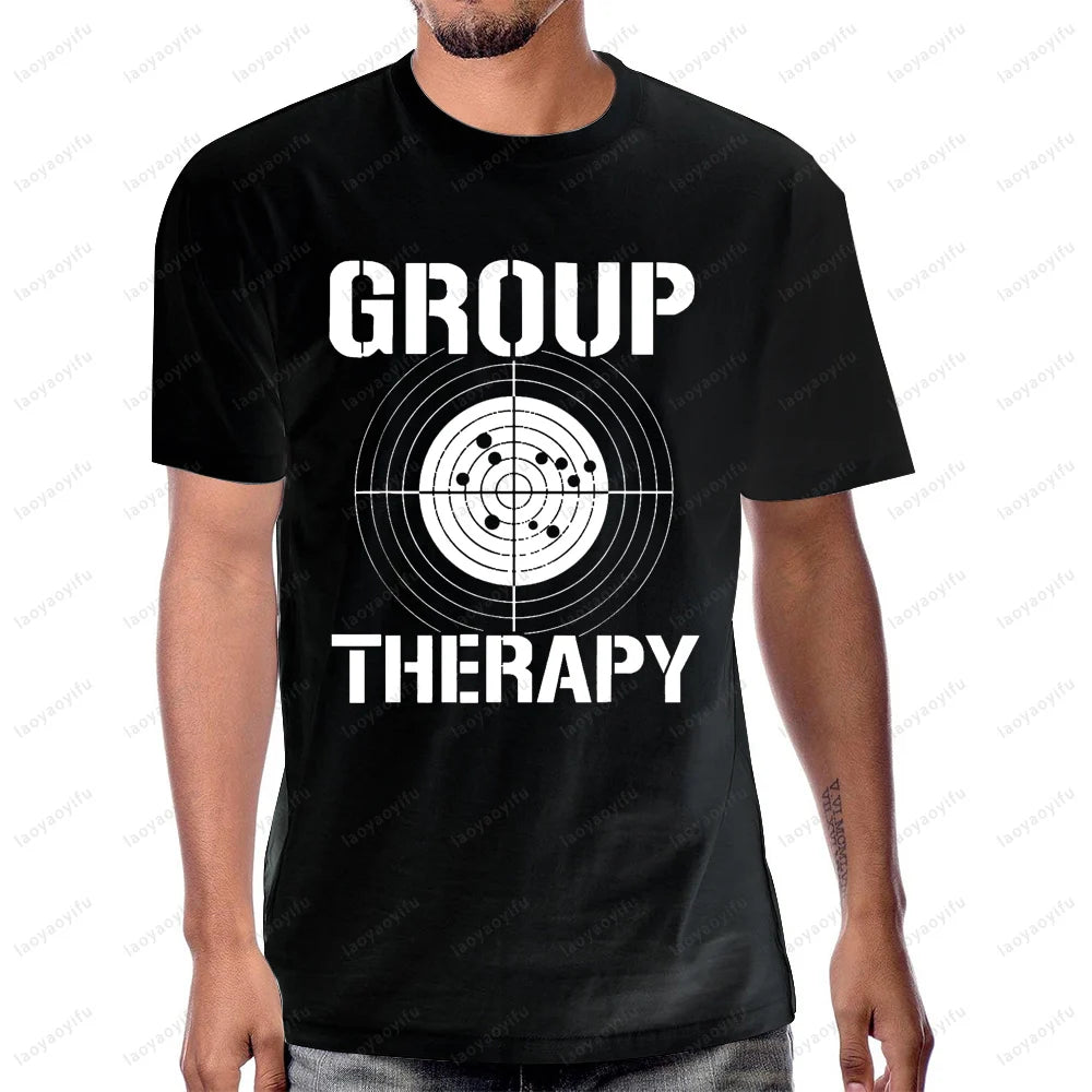 Group Therapy Shooting  Funny Gun Graphic T-Shirt Casual Fashion Loose Harajuku Man Tshirt Hip Hop Summer Short Sleeve Women Tee