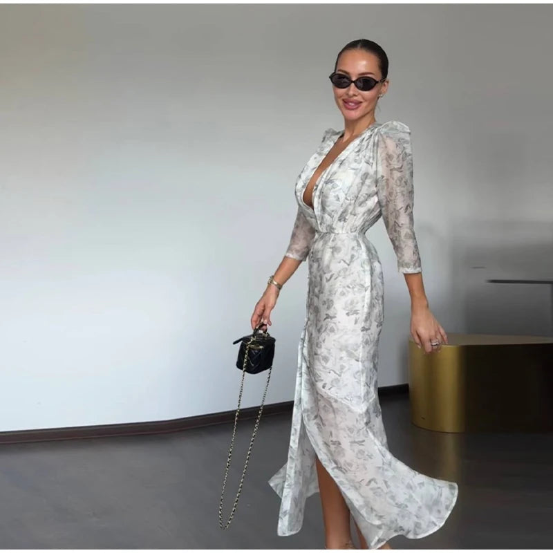 Lace Trim Satin Peplum Midi Dress Deep V-Neck Puff Sleeve A-Line 2026 Spring Summer Chic Elegant Romantic Women Cocktail Dress
