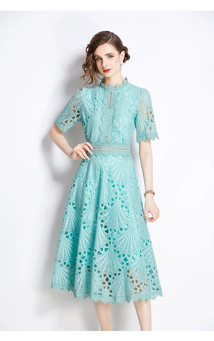 SMTHMA Vintage High-End O-Neck Short Sleeve Lace Hollow Out Dress For Women's Summer Slim Elegant Long Dress Female Clothing