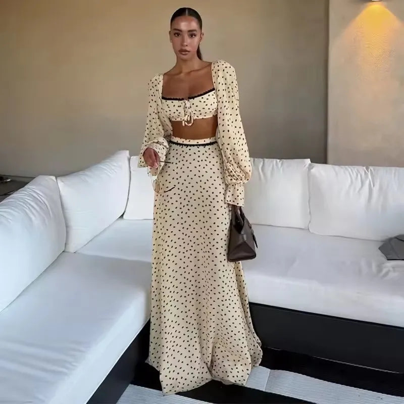 Elegant Female 2 Piece Skirt Set Polka Dots Printed Suit Cropped Short Sleeves Square Neck Top Slit High Waist Skirt Vintage Set