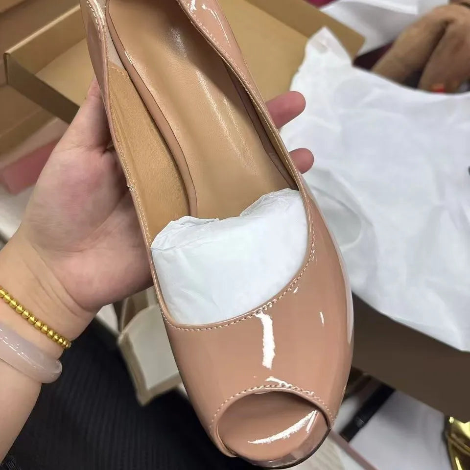 Peep Toe Apricot Color Patent Leather Women’s Pumps Platform Stiletto Super High Heels Slip On Red Sole Single Shoes Female 202
