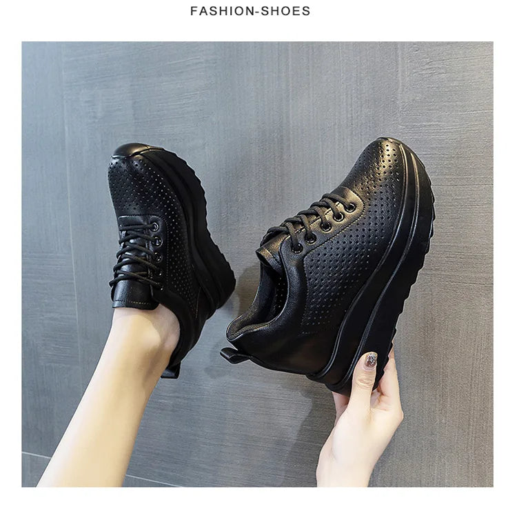10cm Genuine Leather Women Vulcanize Women Summer Hidden High Heels Platform Wedge Spring Autumn Chunky Sneakers Shoes