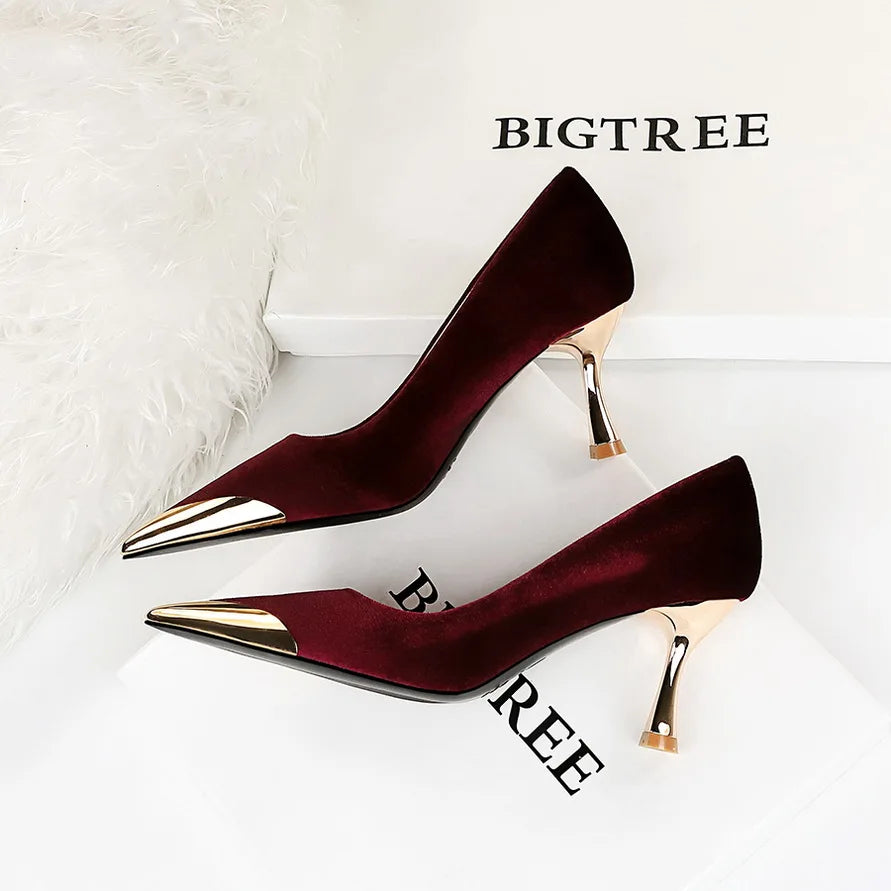 BIGTREE Fashion Sexy Nightclub Slim Wine Glass Pumps High Heel Velvet Shallow Mouth Metal Pointed Party Women's Shoes
