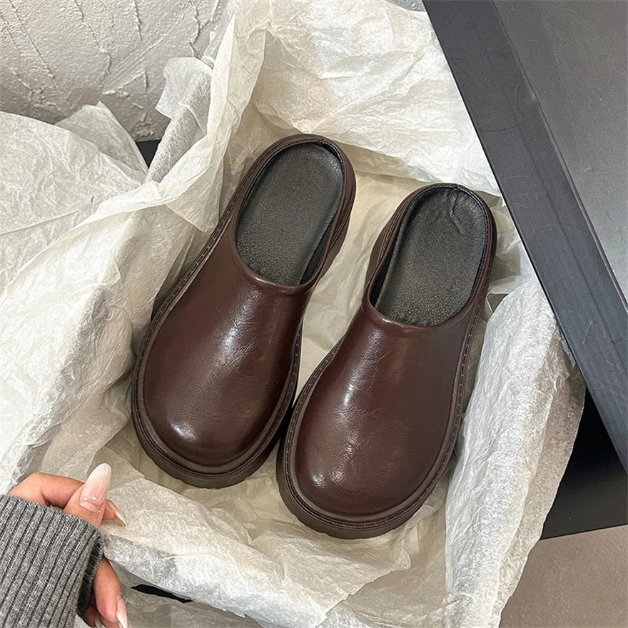 Sandals Summer 2026 New Women Slippers Baotou Platform Trend High Heels Ladies Shoes Pumps Black Soft Leather Thick Slides Mujer