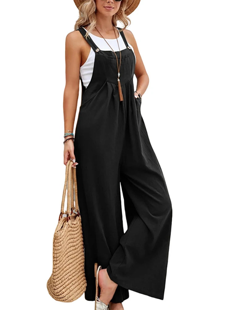 Women Summer Autumn Casual Straps Jumpsuits Elegant High Waist Wide Leg Trousers Harajuku Sleeveless Rompers Streetwear Overalls