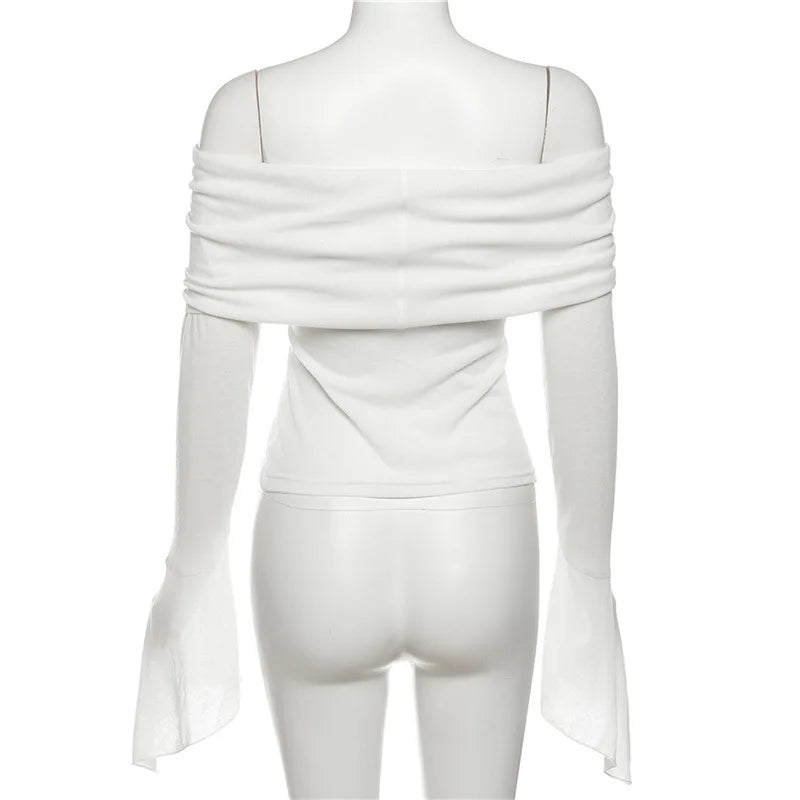 Y2k Aesthetic Women Translucence Tee Shirts Slash Neck Long Sleeve Solid Casual T-Shirts Vintage Off Shoulder Sexy Cute Tshirts