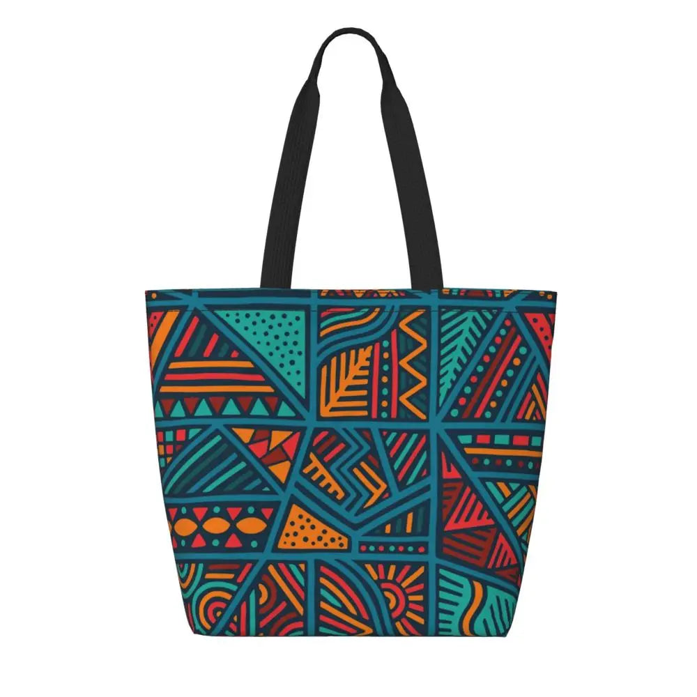 African Ankara Prints Grocery Shopping Tote Bags Women Geometric Ethnic Art Canvas Shoulder Shopper Bags Big Capacity Handbag