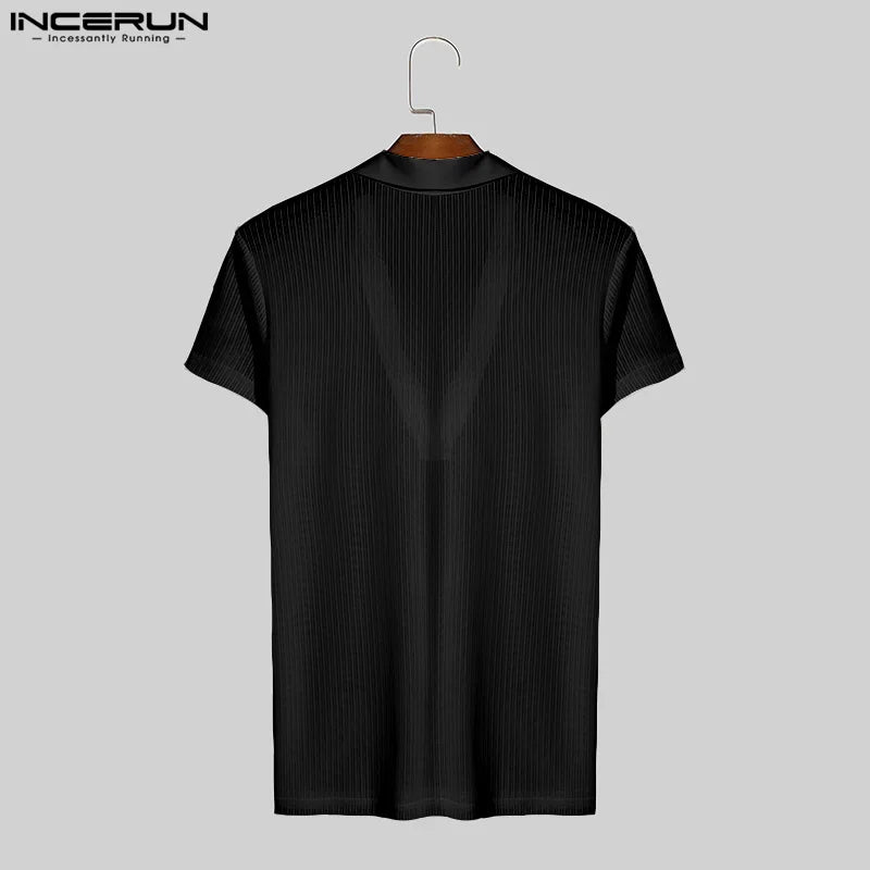 Fashion Well Fitting Tops INCERUN Men's Striped Perspective V-neck T-shirts Casual Streetwear Short Sleeved Camiseta S-5XL 2024