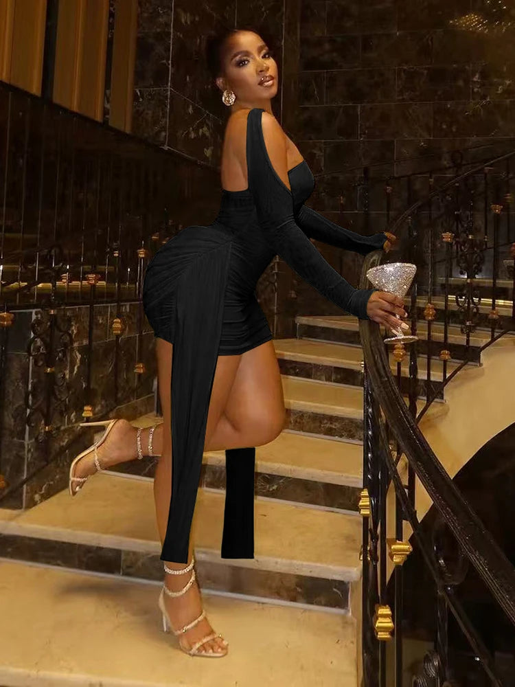 Sisterlinda Mesh Simple Mini Dress Fashion Solid Strapless Ribbons Tassel Body-shaping Vestidos+Seperately Full Sleeve Gloves