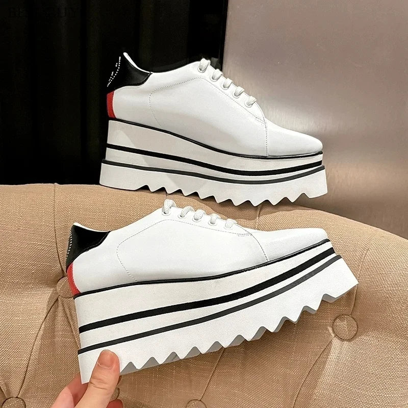 New beige Women Platform Casual Shoes 2024 Spring Black Casual Chunky Sneakers Women Real Leather White Height Increasing Shoes