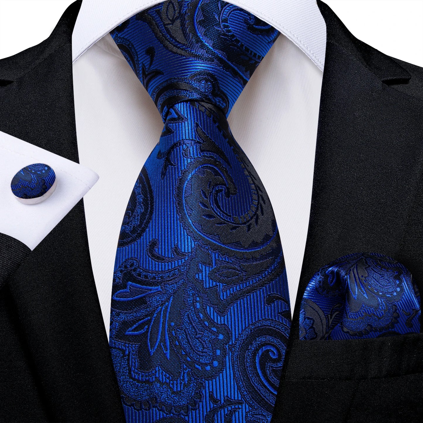 Royal Blue Paisley Plaid Striped Men tie Set with Handkerchief Cufflinks Wedding Prom Groom Accessories Perfect Gift for Men BAZAARHUBO