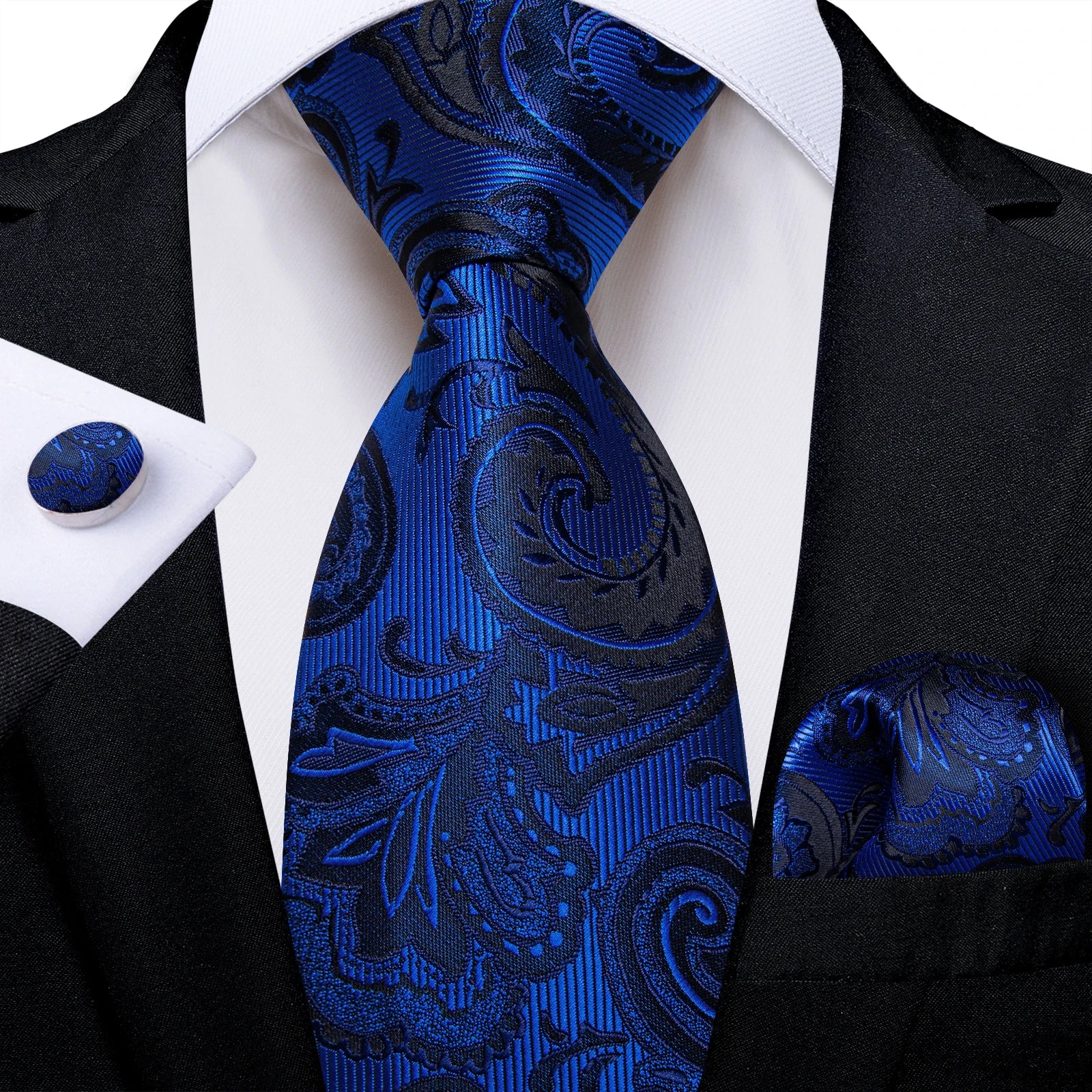 Royal Blue Paisley Plaid Striped Men tie Set with Handkerchief Cufflinks Wedding Prom Groom Accessories Perfect Gift for Men BAZAARHUBO