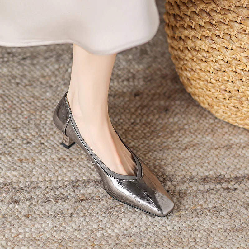 【JOCHEBED HU】Brand Genuine Leather Square Toe Women Pumps Slip Mid Heels Solid Color Dress Party Spring Autumn Shoes Handmade