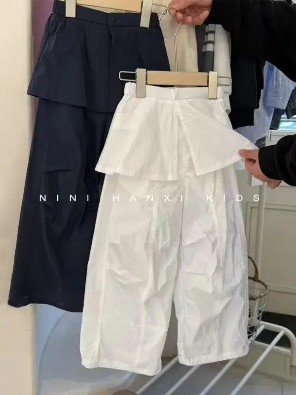 Girls' Trendy Workwear Skirtpants for Summer 2025 Stylish and Versatile, Spliced Fart Curtain Casual Pants for Baby Girls