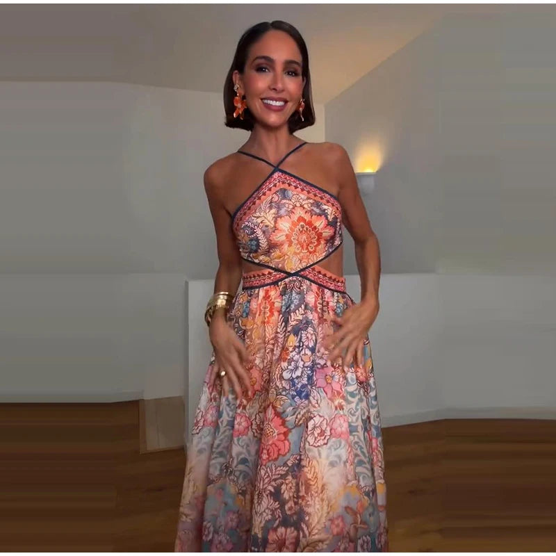 Halter Neck Floral Print Split Set Sleeveless Casual Top Tropical Wrap Slit Maxi Skirt 2026 Summer Bohemian Holiday Women Outfit