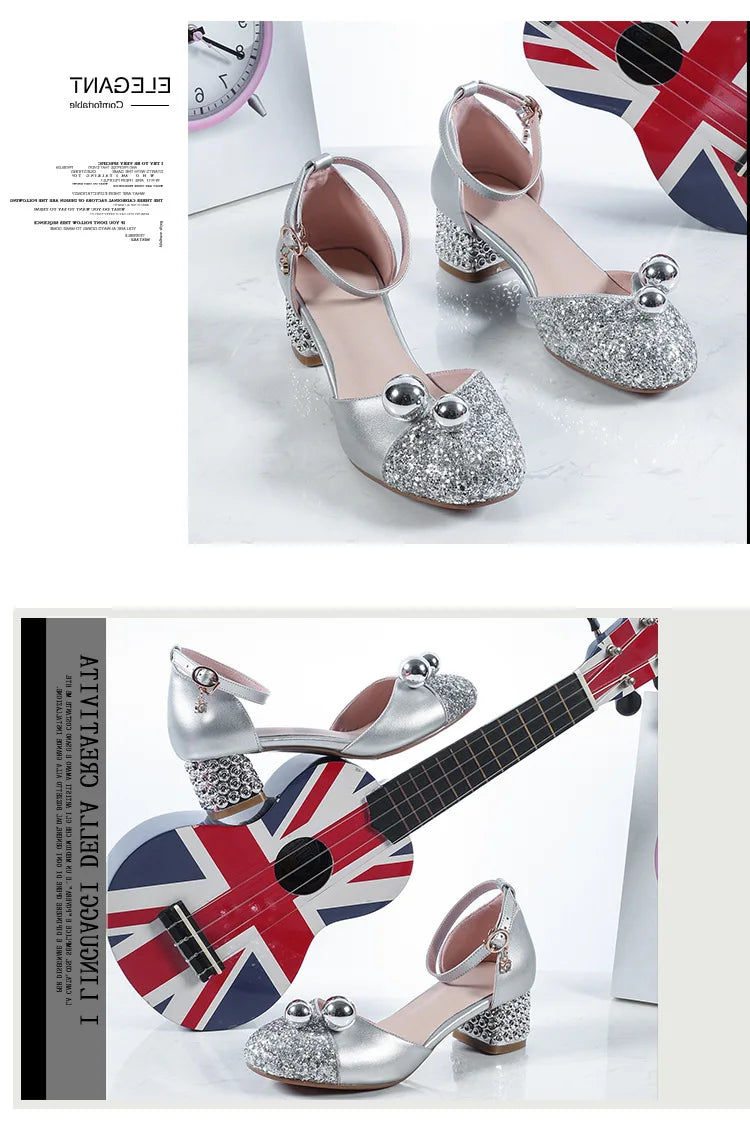 Princess Kids Leather Shoes Girls Sandal Sweet Pearl Casual Glitter Children High Heels Girls Party Dance Shoes Pink Gold Silver