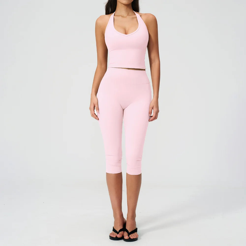 Sports Set Two Pieces Yoga Set Women's Sports Set Quick Drying Short Sleeve Fitness Set Gym Running Slim Capri Pants Sportswear