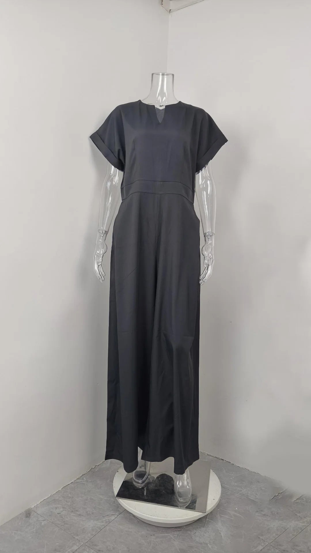 Elegant Solid Color V Neck Jumpsuit For Women High Waist Wide Leg Trousers With Pockets, Formal Office & Party Outfit