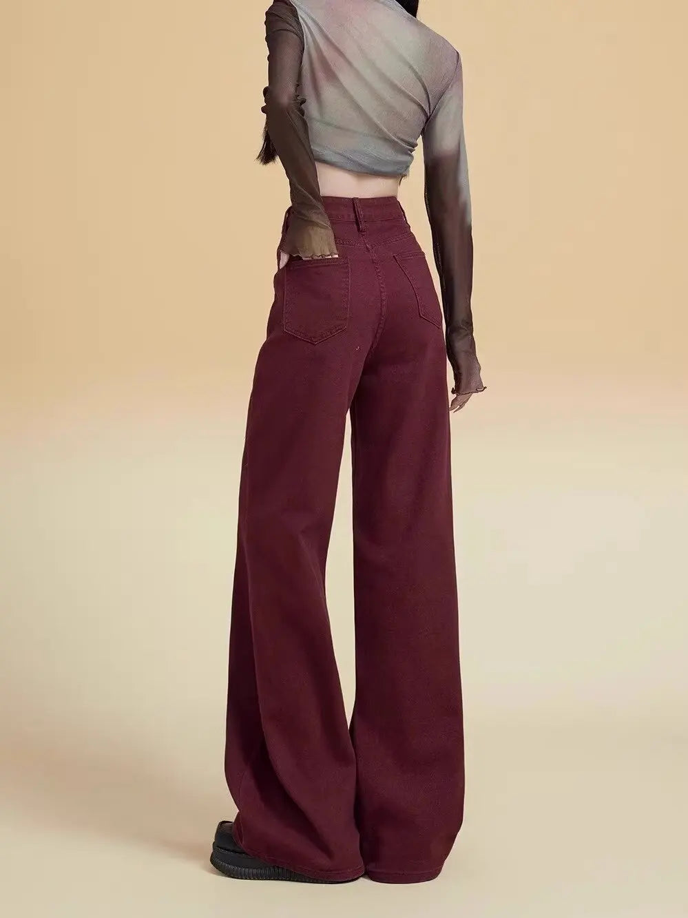 Women's Street Style Wide Leg Red Jeans American Vintage Casual Denim Trousers Female High Waist Loose Straight Pants