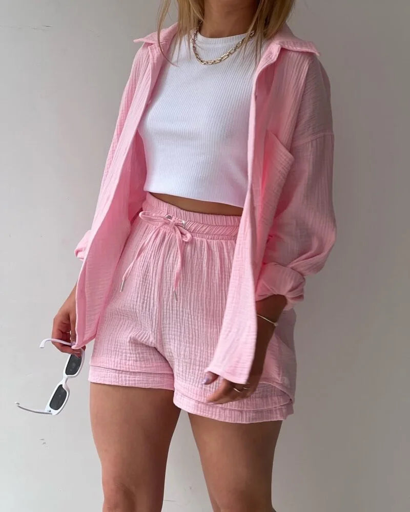 Casual Sleepwear 100% Cotton Pajamas For Women Sets Suit Turn-Down Collar Nine Quarter Sleeve Sleep Tops Shorts Female Homewear