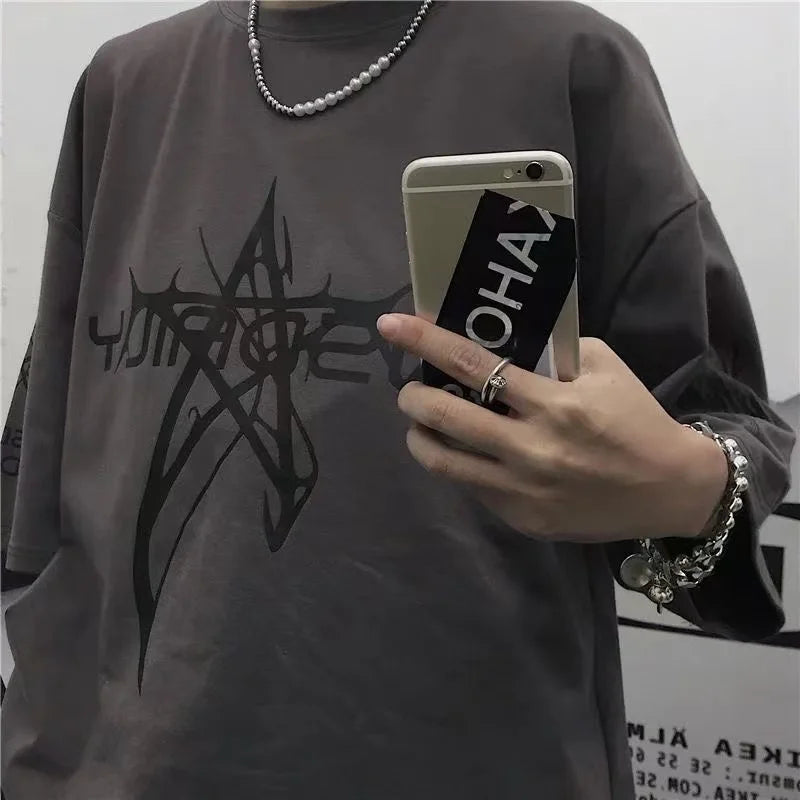 Men's t-shirts Retro Baggy Print O-neck Fashion Teen Streetwear Y2k t shirt College Simple Summer Oversized Short sleeve Tee Top