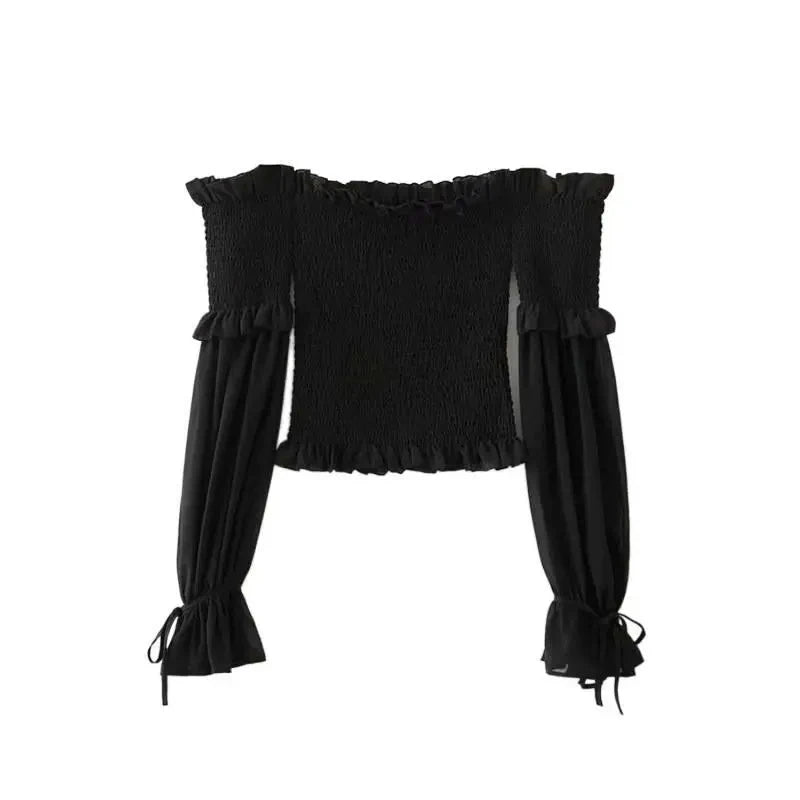 Solid Color Slim Fit Off Shoulder Sexy Women's Chiffon Shirt Sweet Flare Long Sleeved Chic Fashion New Lady Short Tops 8066