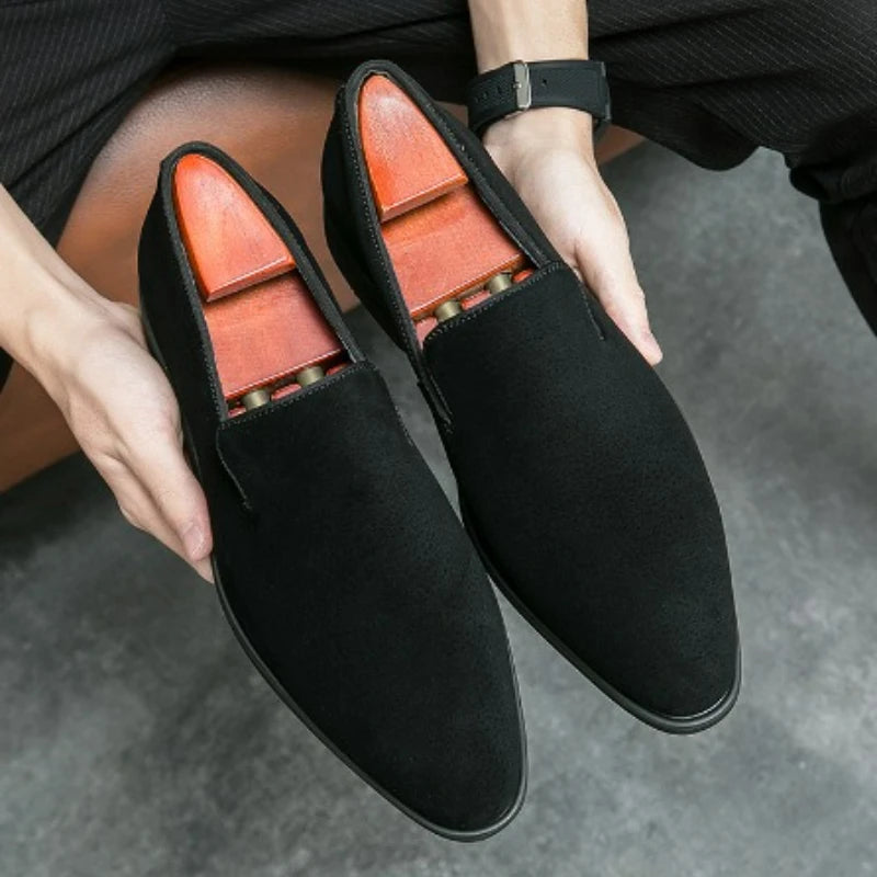 Men's Shoes Suede Leather Shoes Fashion Business Office Dress Shoes Brown Slip on Casual Shoe Red Sole Pointed Toe Male Loafers