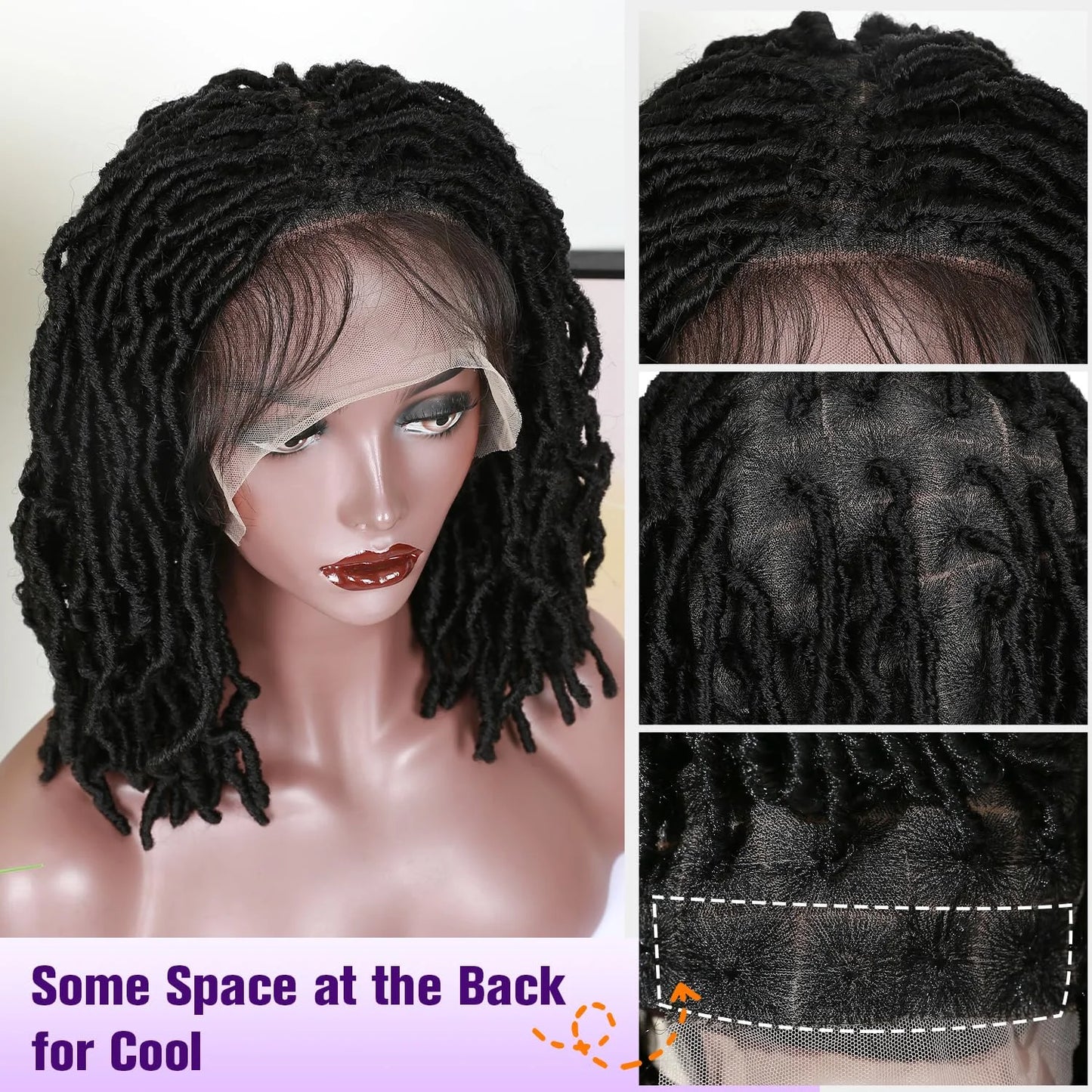Synthetic Full Lace Front Braid Wig 14inch Curly Faux Locs Black Color Large Parting Space Twist Dreadlock Wigs for Black Women