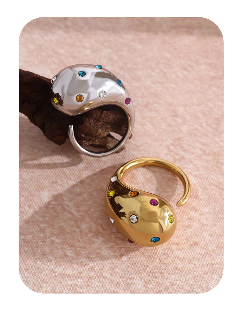 YACHAN 18K Gold Plated Glossy Chunky Stainless Steel Rings for Women Chic Colorful Crystal Statement Jewelry