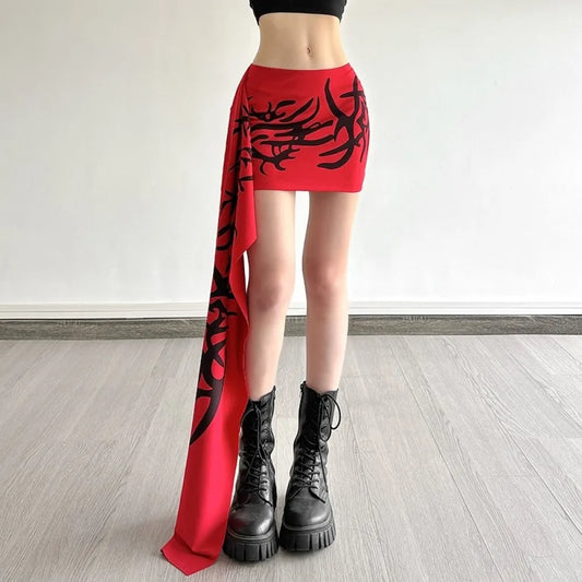 SylCue Fashion Print Mini Skirts Women Summer Trend High Waist Long Ribbon Skinny Stretch Fashion Versatile Style Streetwear