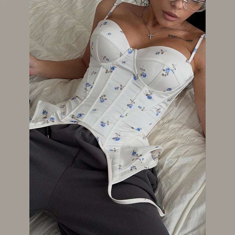 Sexy Print Fishbone Sling Tops Women Bandage Ribbon Patchwork Fitted Corset Female 2026 Summer New Chic Evening Party Tanks Lady