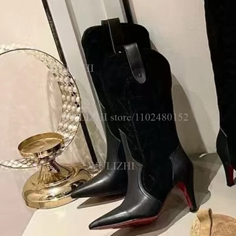 Denim Blue Totem Calf Boots Women Pointed Stilettos Red Heels Winter Zipper Casual Weave Office Lady Luxury Design Graffiti Shoe