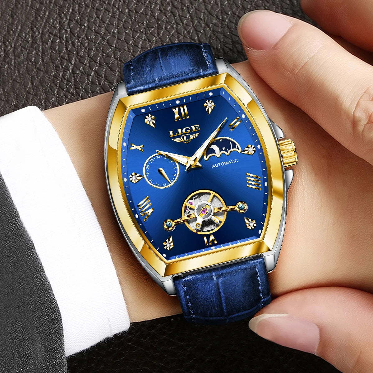 LIGE Luxury Mens Rectangular Dial Mechanical Watches Waterproof Leather Automatic Luminous Watch Business Men relogios masculino