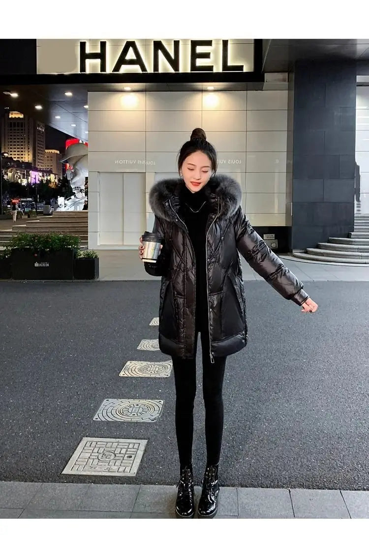 Black Down cotton Jacket Women's 2025 New Korean version Thick fur collar Loose Wash free Winter Coat Female Warm Parka Overcoat