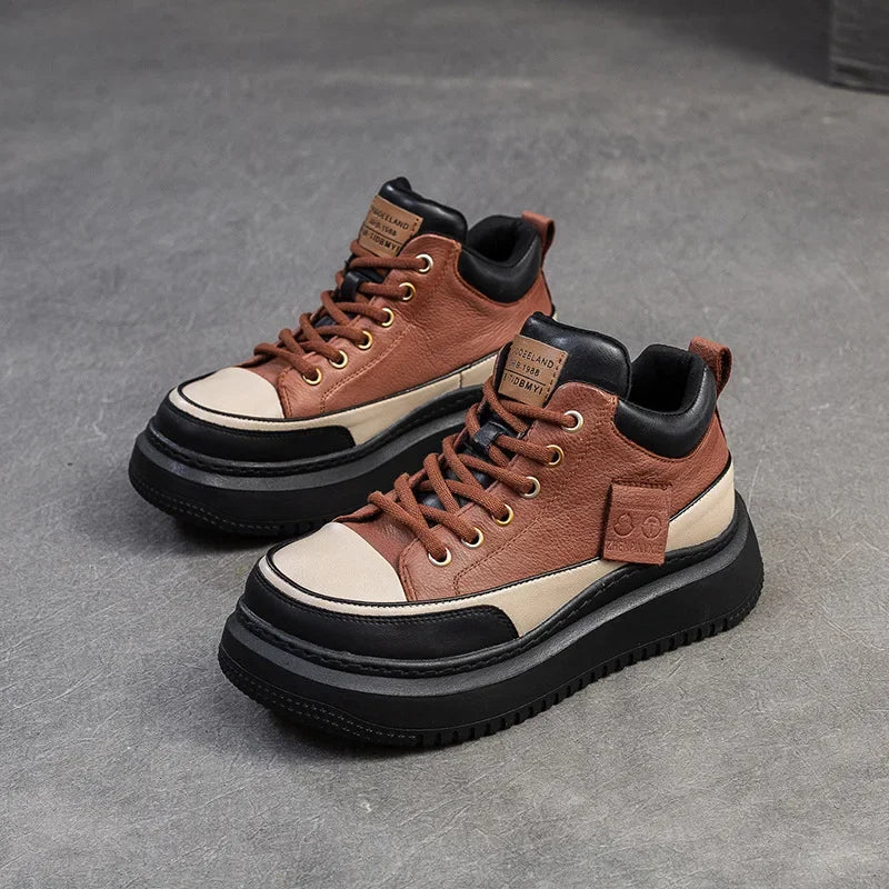Myjyjz 4.5cm Cow Genuine Leather Women Spring Platform Wedge Flats Chunky Sneakers Lace Up Autumn Loafer Vulcanize Shoes Rubber