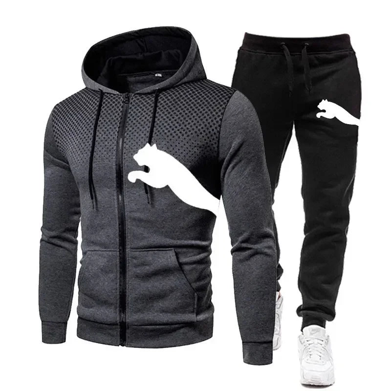 Two-piece Set of Men's Casual Outdoor Sportswear for Autumn, Men's Two-piece Set of Zippered Hooded Sweatshirt and Sweatpants BAZAARHUBO