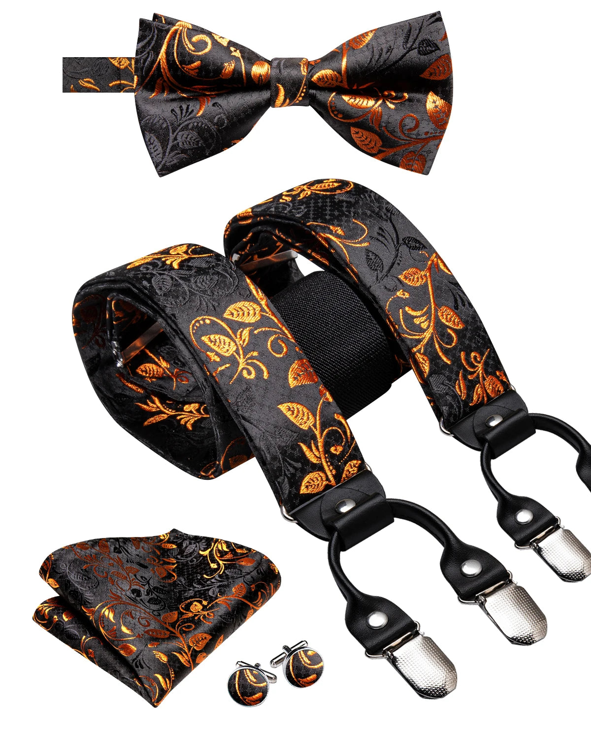Hi-Tie Silk Adult Men's suspenders Set Leather Metal 6 Clips Braces Gold Brown Floral Vintage Men Fashion Wedding Suspenders Men BAZAARHUBO